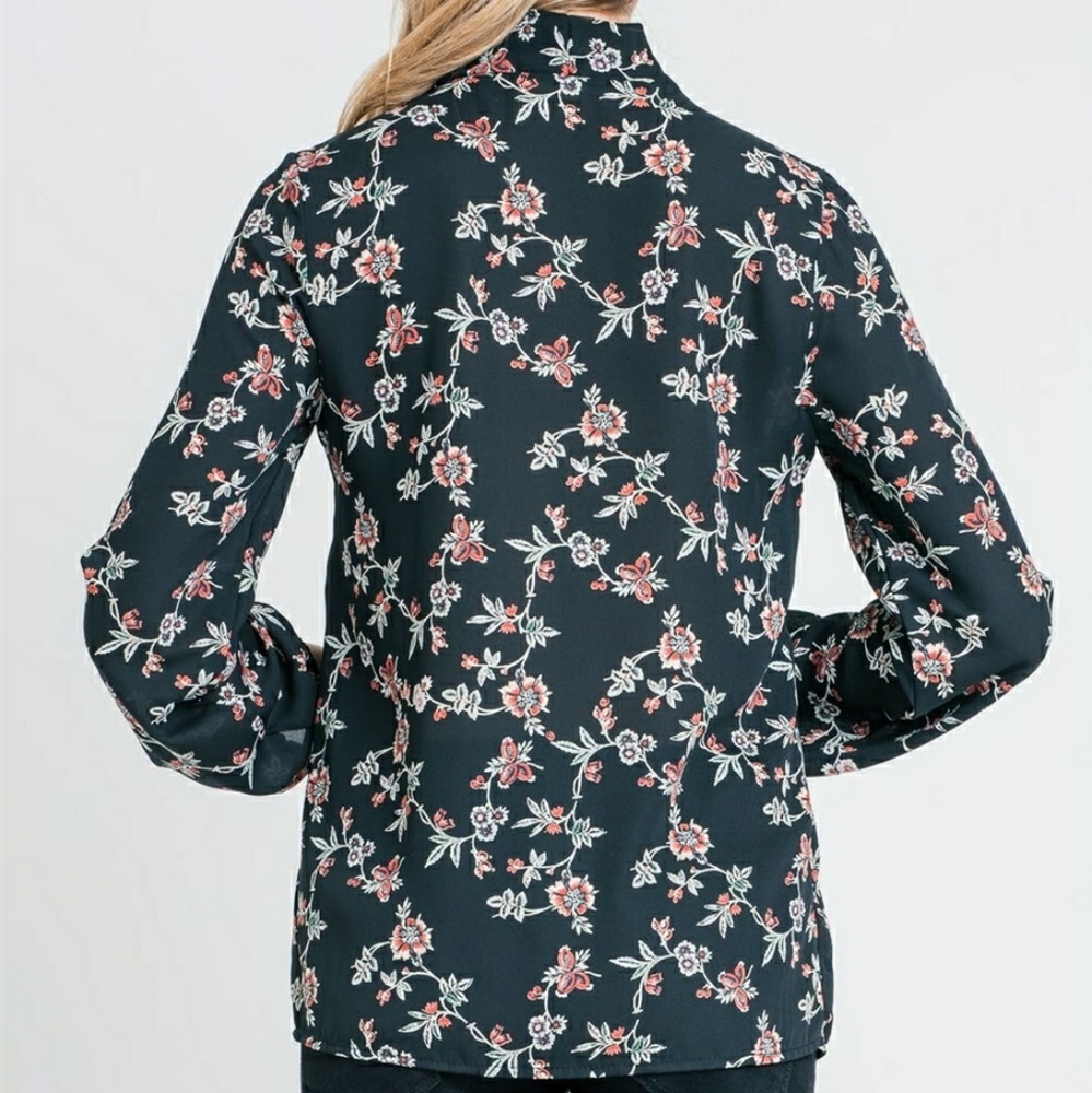 Black Navy Blue Floral Bow Knot Neck Tie Blouse - Picture 5 of 5